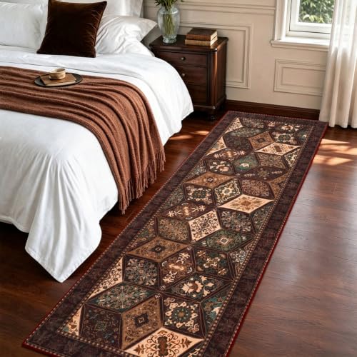 Vintage Kitchen Runner 2.7x8 ft Distressed Patchwork Rug Brown Burgundy Variation