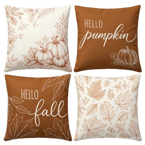 VISSTREE Fall Pillow Covers Set of 4 - Hello Pumpkin Autumn Decor 18x18 Inches