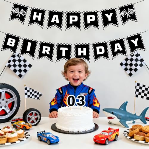 Race Car Birthday Banner - Black & White Checkered Flag Decoration