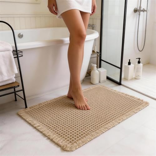 Waffle Knit Bath Mat, Non-Slip Absorbent Shower Rug - Brown, 18"x30"