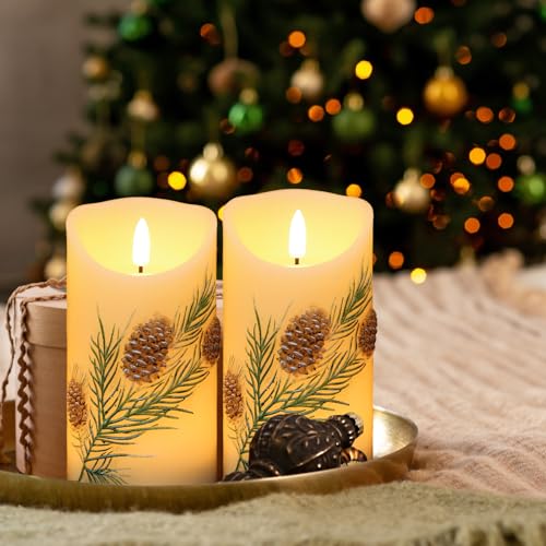Flameless Candles with Pine Cones & Trees, 6H Timer, Safe Battery Operated Decor