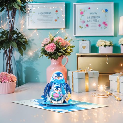 Penguin 3D Pop Up Mother's Day Greeting Card with Envelope