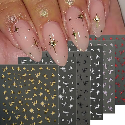 Metallic Star Nail Art Stickers - 6 Sheets Holographic Y2K Decals