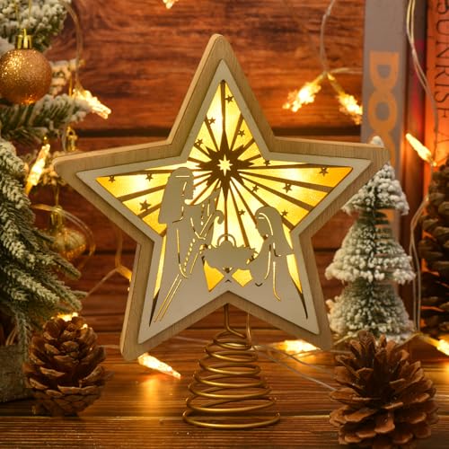 Christmas Star Tree Topper White Wooden 3D Glittered LED with Timer