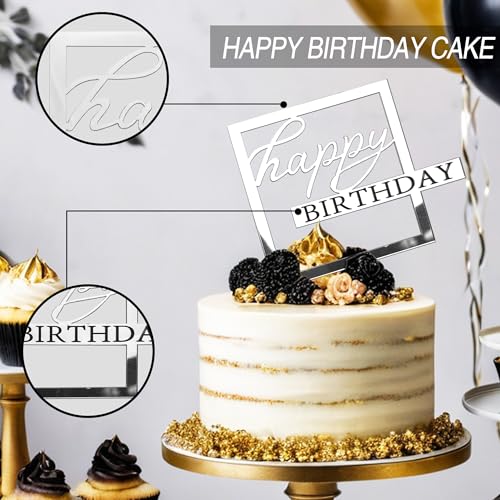24PCS Silver Happy Birthday Cake Toppers | Mirrored Acrylic Decorations Set