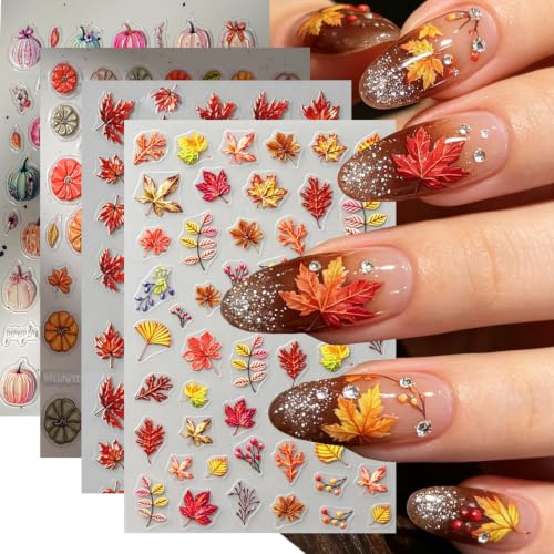 Fall Nail Stickers 5D Gold Foil Maple Leaf & Pumpkin Decals 4pcs