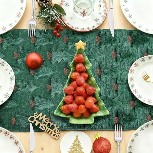 Christmas Table Runner Green Faux Fur Jacquard 13x72 Inch - Festive Holiday Decor - Green B