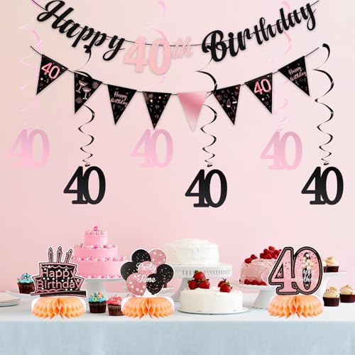 Rose Gold 40th Birthday Decorations Set for Women - Banner & Centerpieces