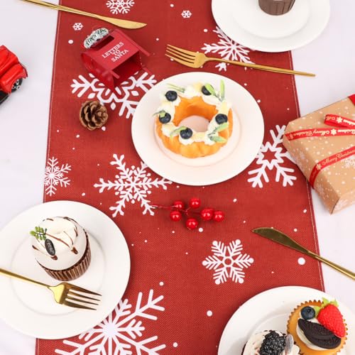Christmas Table Runner - 13.4 x 74 Inch Rustic Red Snowflakes