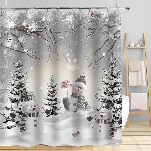 Christmas Shower Curtain Set with Snowman & Tree Design - 72x72