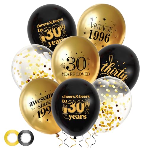 30th Birthday Balloons Set - 34Pcs Black and Gold Latex