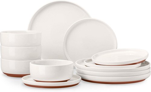 E-far 12-Piece Stoneware Dinnerware Set - Chip & Scratch Resistant, Microwave & Dishwasher Safe, Speckled White for 4