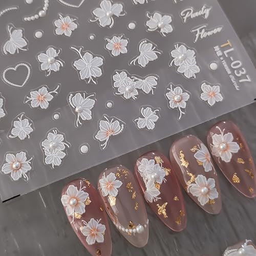 LYLYNB 5D White Flower Nail Stickers Embossed Floral Decals