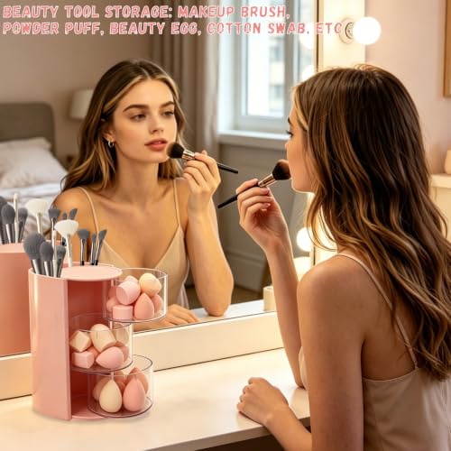 ZUFECY Pink 3-Tier Rotating Makeup Organizer with Clear Drawers & Open Top Compartments