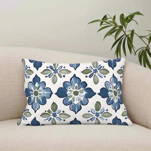 Tile Floral Lumbar Pillow Cover 12x20 Inch - Blue & Green Design