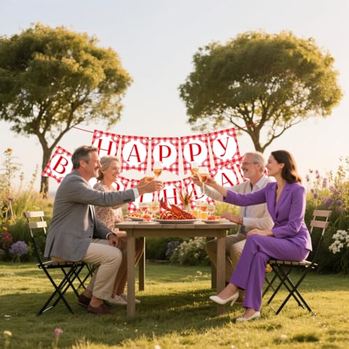 Red and White Checkered Happy Birthday Banner - Premium Cardstock Decor