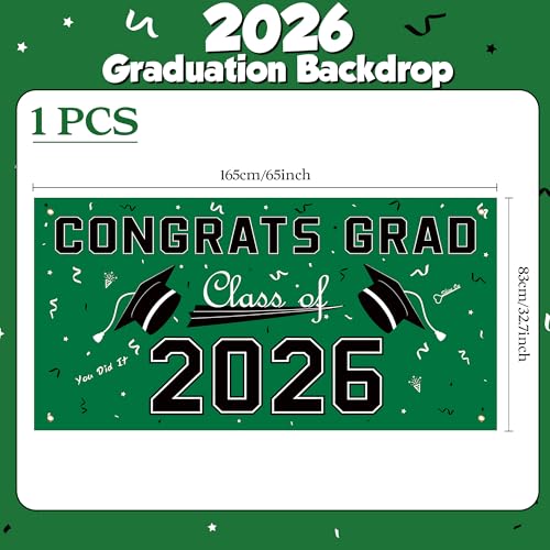 2026 Graduation Decorations - Green Polyester Backdrop & Congrats Grad Banner