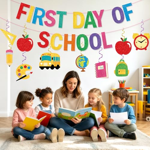 First Day of School Decorations Kit - Colorful Banner & Swirls | First.day