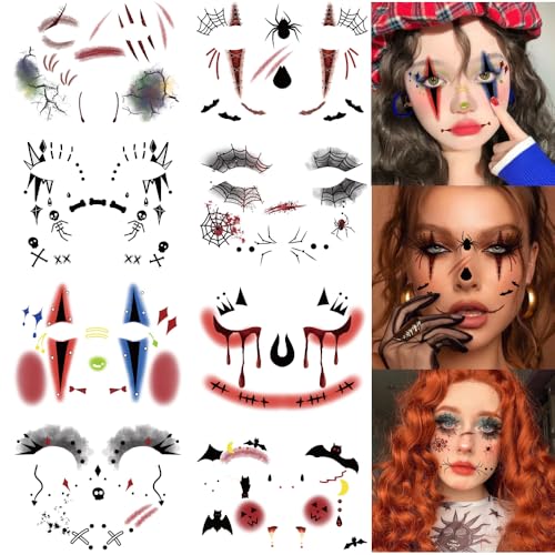 QINYIER 16 Sheets Halloween Temporary Face Tattoos for Kids and Adults
