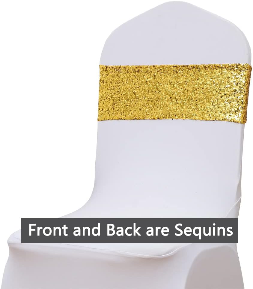 Skiennix Gold Spandex Sequins Chair Sashes - Pack of 50 Elegant Chair Bands with Buckles for Weddings & Parties