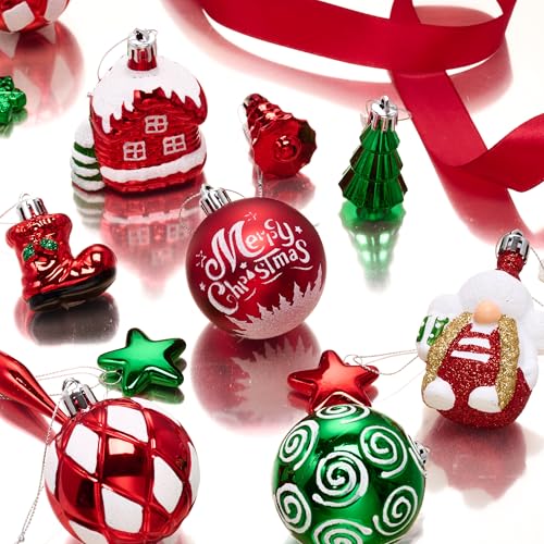 Valery Madelyn Christmas Ornaments Set - Red, Green & White Whimsical Holiday Decorations, 50 pcs