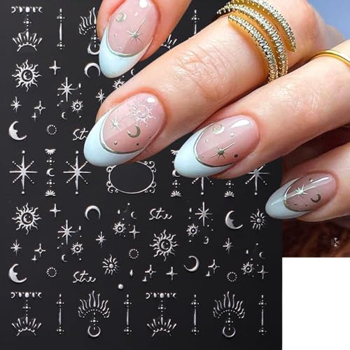 Lismyakey 3D Star Moon Embossed Nail Stickers Self-Adhesive Decals 5 Sheets