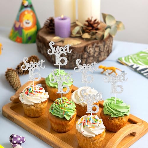 ZIRVELANO 12 Pcs Silver Glitter Sweet 16 Cupcake Toppers Number 16 Cake Decor