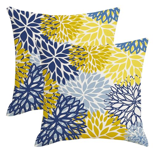 AWJTNCQ Dahlia 18x18 Inch Set of 2 Spring Floral Pillow Covers - Yellow & Blue Geometric Farmhouse Linen Outdoor Decor