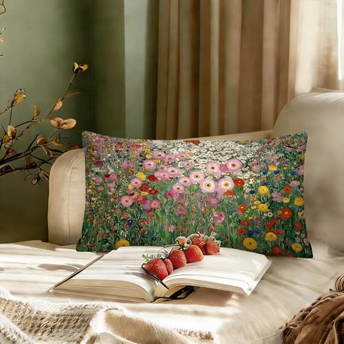 Gustav Klimt Style Wildflower 12x20 Lumbar Pillow Cover, Flannel Floral Case