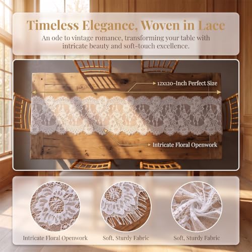 Pardecor Lace Table Runner 12x120 Inch, 10 Pack - White for Wedding & Party