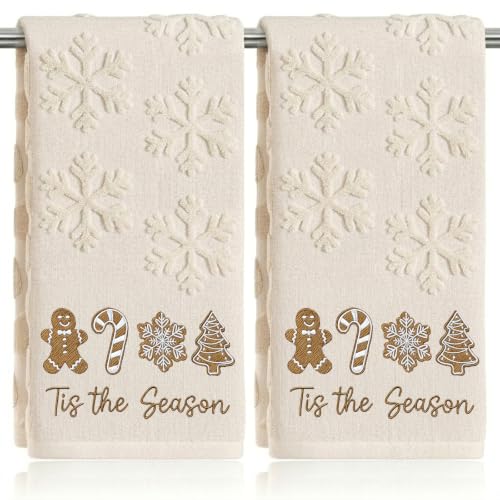 Christmas Hand Towels Set - Grey Snowflake & Embroidered Snowman, 2 Pack, Cotton, Beige Gingerbread Man Variation