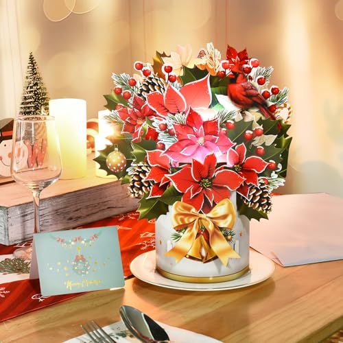 Musical Pop-Up Christmas Card with Lights - 12 Inch Poinsettia Bouquet, Flower Variation