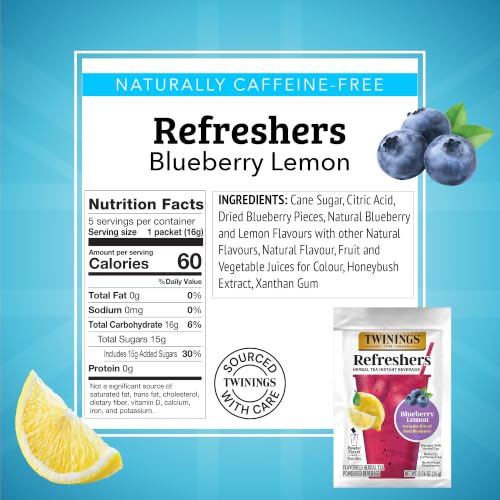 Twinings Blueberry Lemon Refreshers Herbal Drink Mix, 5 Count (Pack of 6)