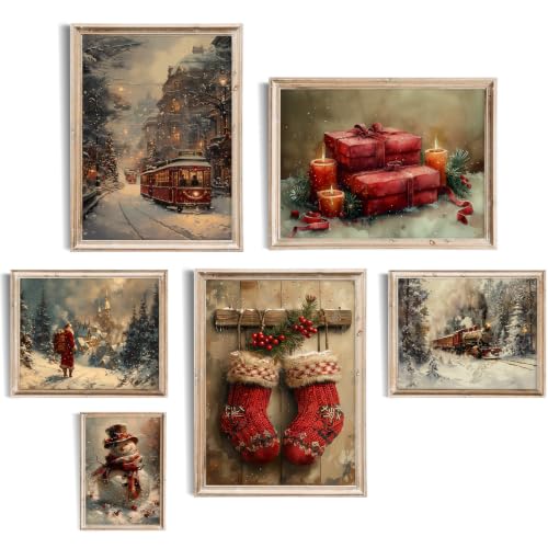 Christmas Wall Art Decor Set of 6 - Unframed Retro Santa Claus Prints, 14x11 Inches