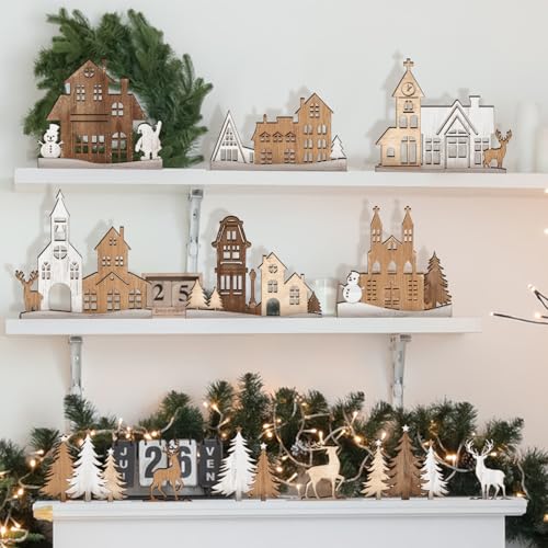 12 Pcs Rustic Christmas Wooden Tree and Elk Table Decor Set