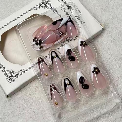 Jremg Brown French Tip Press on Nails Medium Almond 3D Coffee Beans