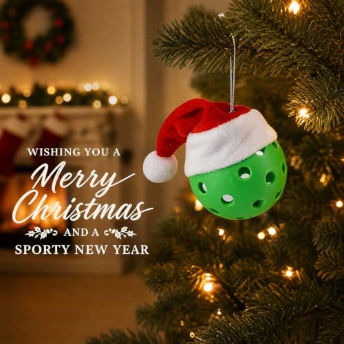 Pickleball Christmas Tree Ornaments Set of 3 with Santa Hat - Holiday Sports Decor
