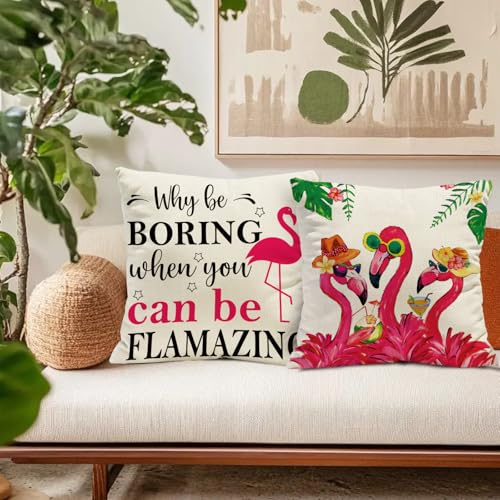 Summer Flamingo Throw Pillow Covers - Set of 4, 18x18 Inch