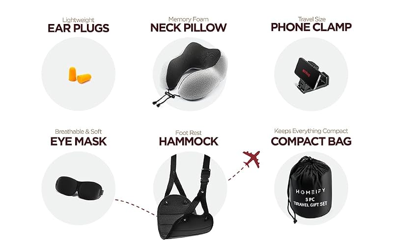 Homeify Adjustable Memory Foam Travel Kit with Foot Hammock & Phone Holder - 6 Piece Set, Grey