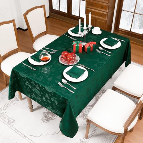 Romanstile Christmas Jacquard Rectangular Tablecloth 60 x 144 Inches - Green Xmas Deer & Tree