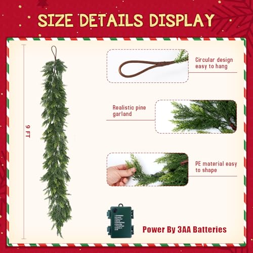 9FT Christmas Garland with Lights Real Touch Cedar Artificial Decor