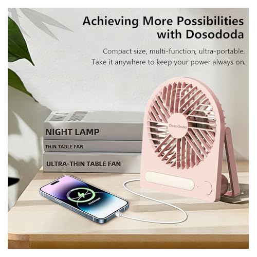 Dosododa Portable USB Desk Fan with Night Light - 4-Speed Pink Fan