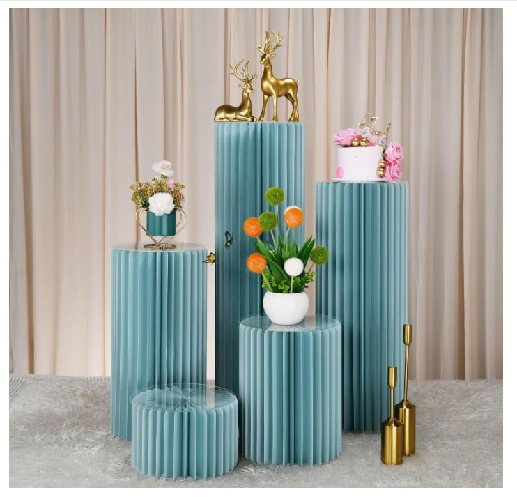 Blue Foldable Cylinder Pedestal Stands Set of 5 for Events & Decor