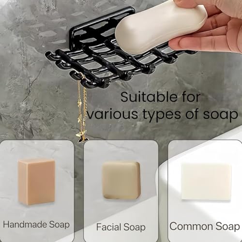 White Soap Holder with Hooks - No Drilling Adhesive Tray for Shower & Sink