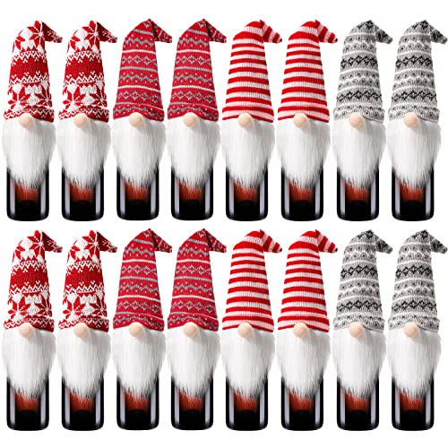 Honeydak 16 Pcs Christmas Gnome Wine Bottle Covers Knit Hat Party Decor