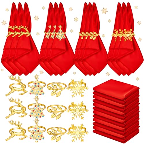Christmas Cloth Napkins with Gold Elk & Snowflake Rings Set - Holiday Table Decor