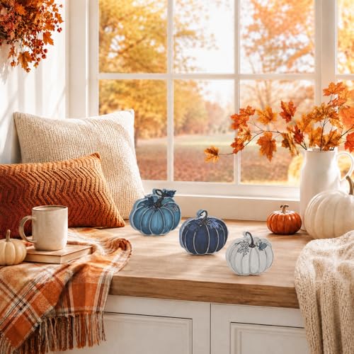 3-Piece Blue Wooden Pumpkin Tabletop Decor Set for Fall Harvest Home Styling