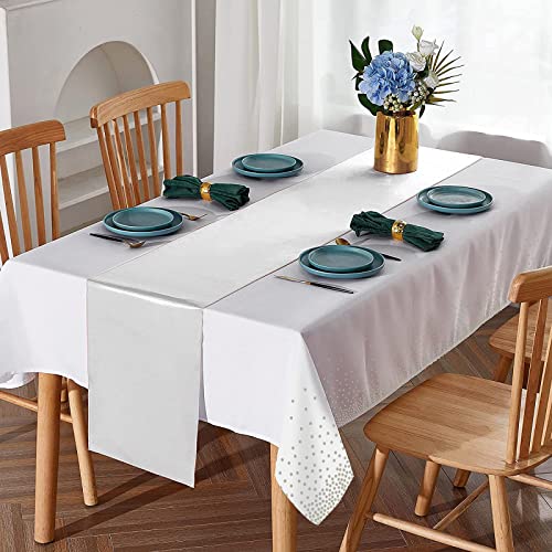 White and Silver Confetti Dot Plastic Tablecloth & Satin Table Runner Set - 24 Pack
