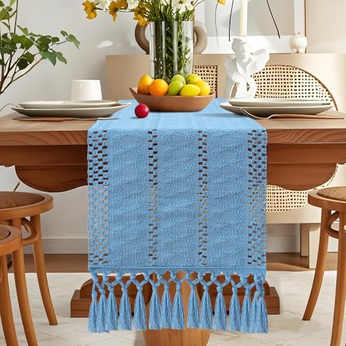 Boho Table Runner Blue Macrame with Tassels 12x60 Inches Rustic Farmhouse Decor