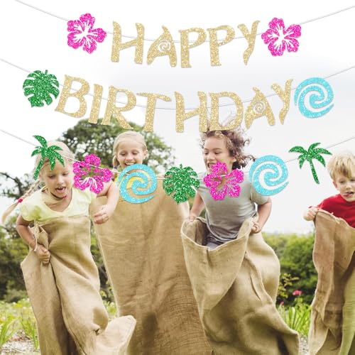 Glittery Gold Moana Birthday Banner - Tropical Luau Party Decor